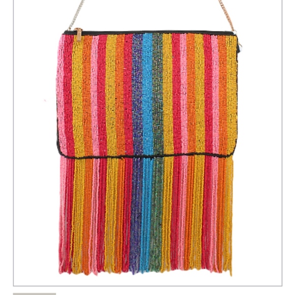 Kay Lee Handbags - Rainbow striped beaded fringe bag